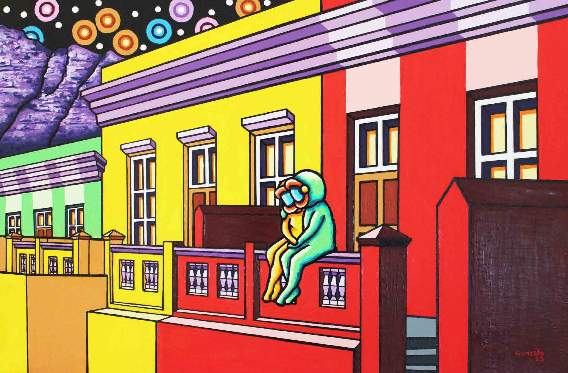 Balcony, a figure seated among colourful city buildings