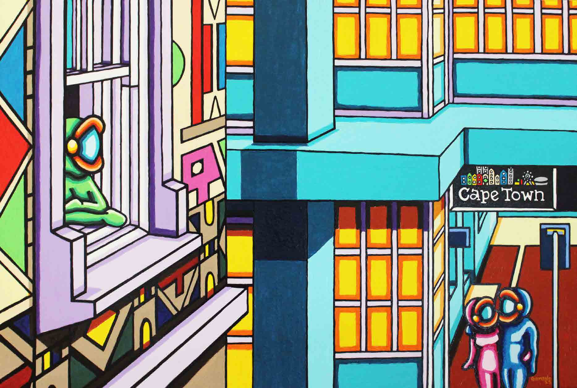 Embrace, two figures together on a colourful Cape Town street