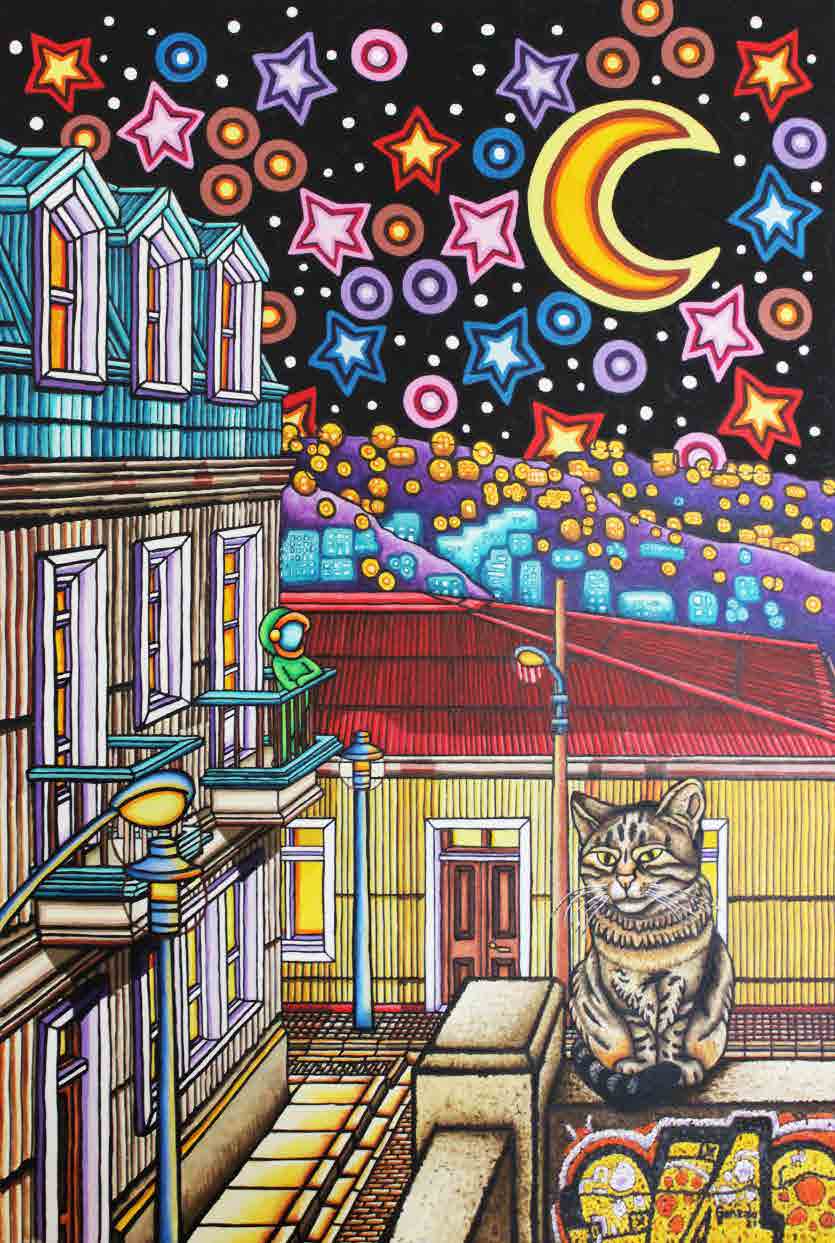 Cat, a cat sitting in a colourful city under the moon and stars